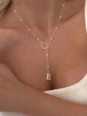 Initial E Heart Y Necklace | Pearl Beaded Lariat Minimalist Jewelry